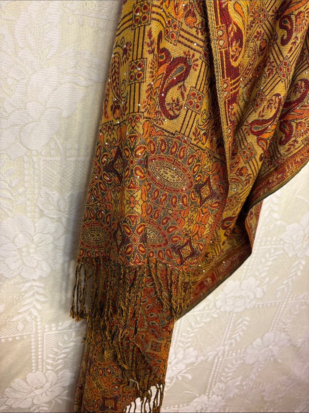 47” X 90” Silver Sparkle Embellished Mustard and Rust Paisley Wrap or Tablecloth - Picture 7 of 9